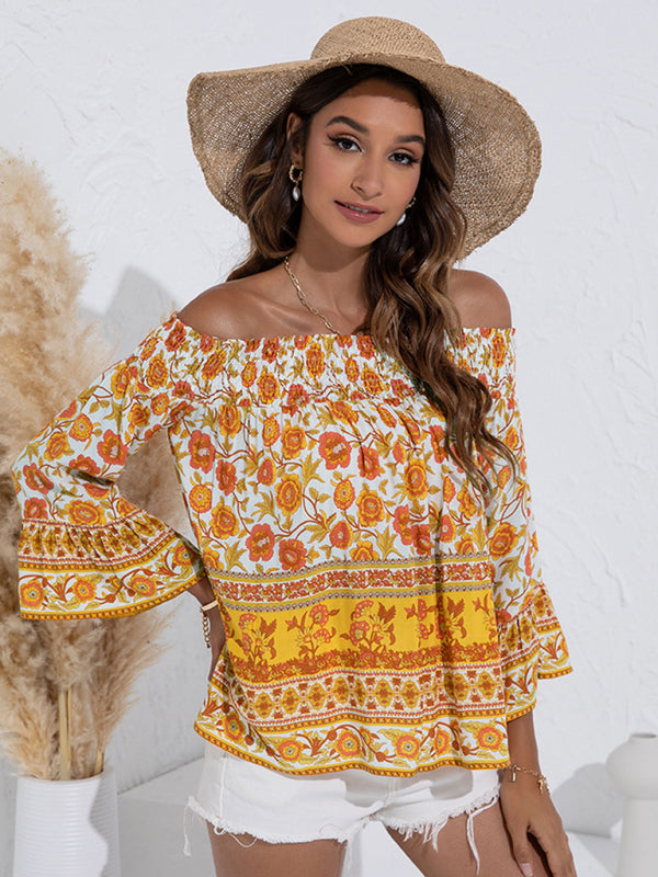 Women’s One Shoulder Floral Flared Sleeve Top - Earth yellow / XL