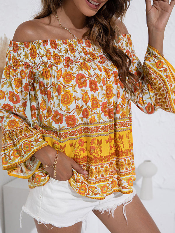 Women’s One Shoulder Floral Flared Sleeve Top - Earth yellow / XL