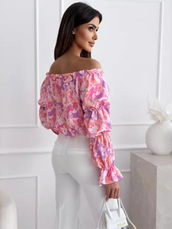 Women’s one-shoulder printed lantern sleeve shirt top