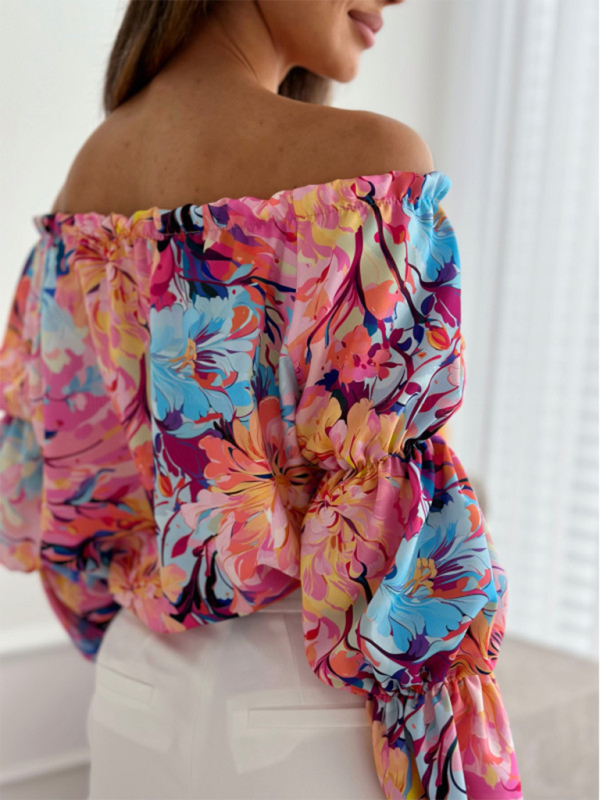 Women’s one-shoulder printed lantern sleeve shirt top