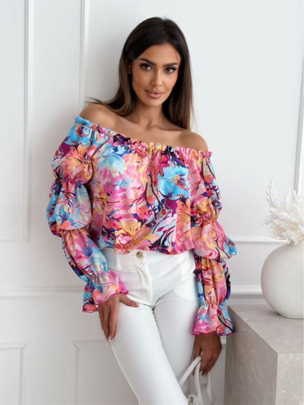 Women’s one-shoulder printed lantern sleeve shirt top