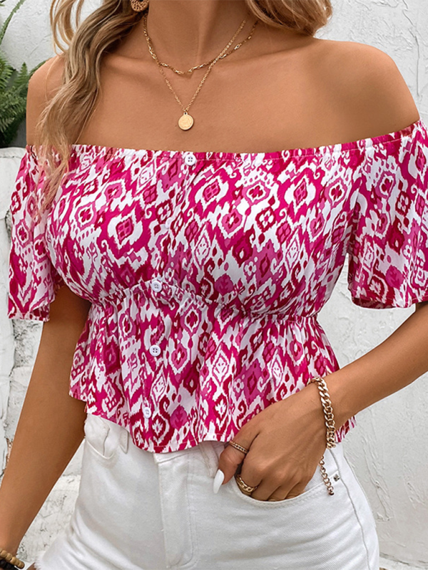 Off-the-shoulder pink patterned blouse displayed in Women’s one shoulder short sleeve shirt