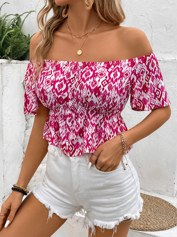 Off-the-shoulder pink and white patterned short sleeve shirt for women