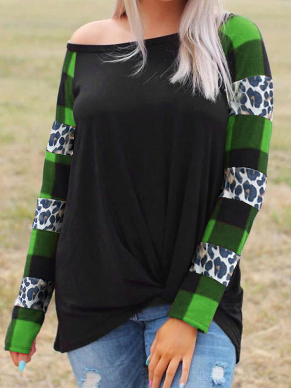 Women’s Patchwork Animal Print Knit Top - Green / S