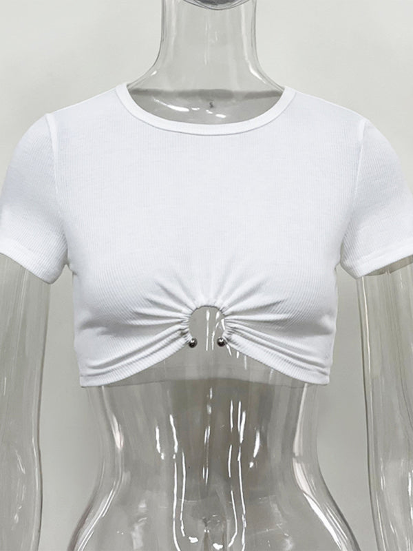Women’s pit bar exposed navel short cut-out round neck short-sleeved T-shirt