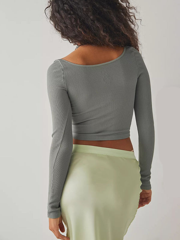 Women’s pitted U-neck long-sleeved solid color navel-baring French T-shirt