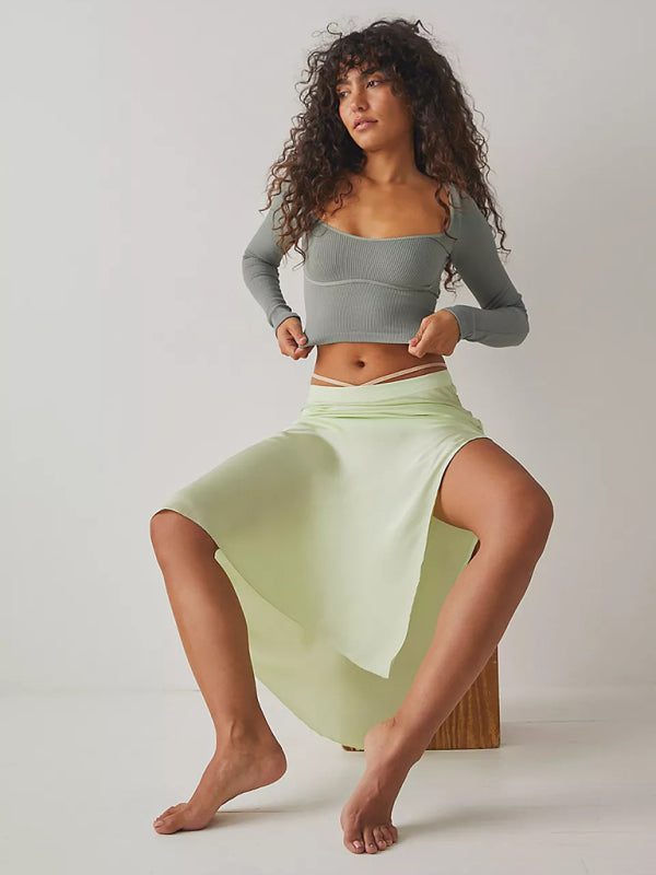 Women’s pitted U-neck long-sleeved solid color navel-baring French T-shirt