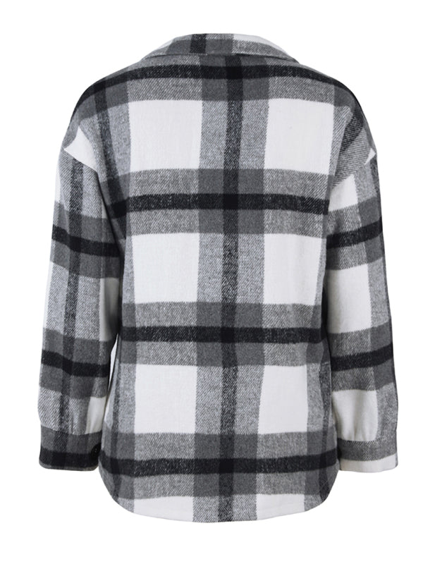 Women's Plaid long sleeve shirt casual coat - Closther
