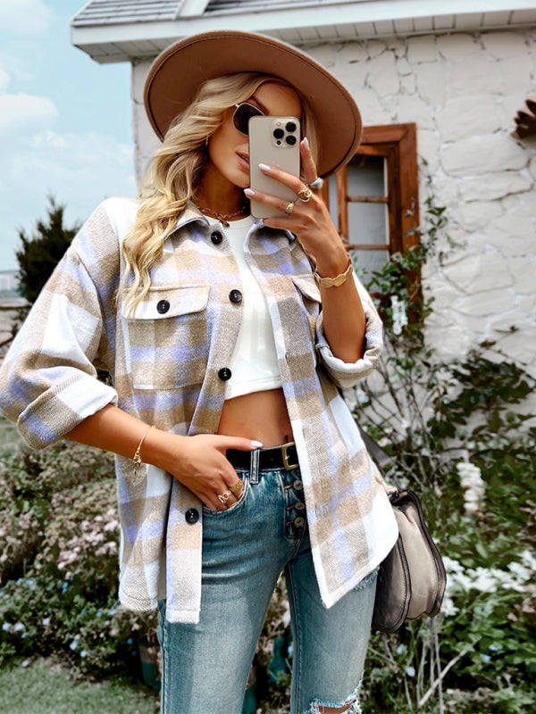 Women's Plaid long sleeve shirt casual coat - Closther
