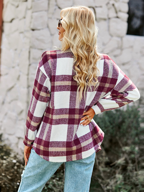 Women's Plaid long sleeve shirt casual coat - Closther