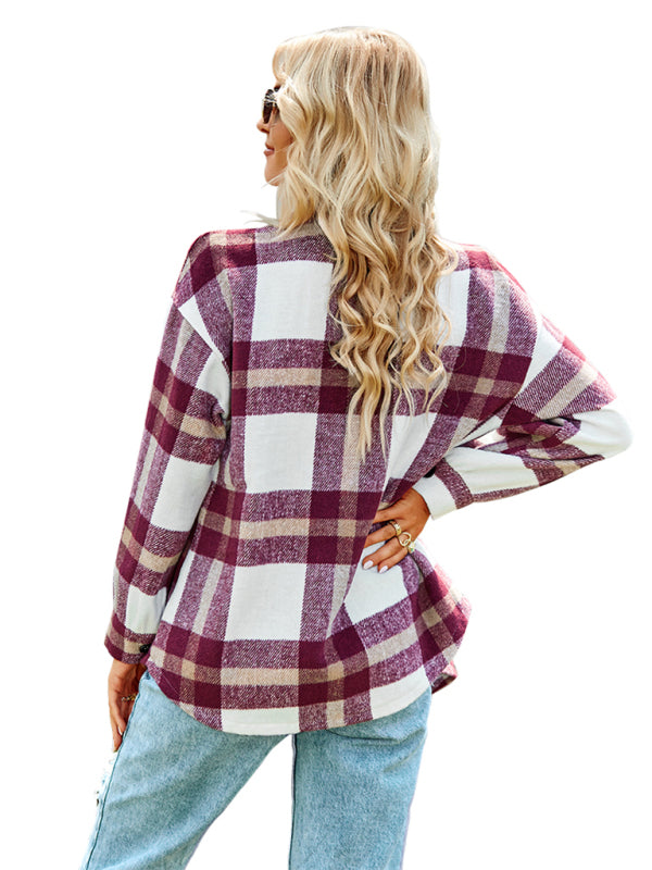 Women's Plaid long sleeve shirt casual coat - Closther