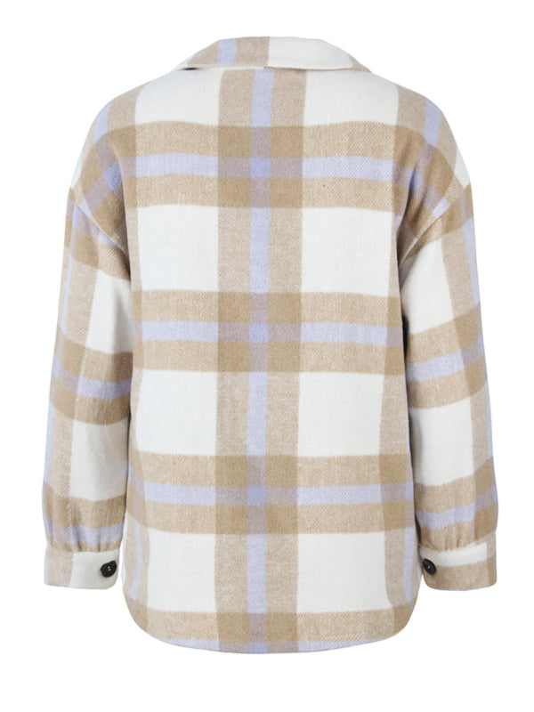 Women's Plaid long sleeve shirt casual coat - Closther