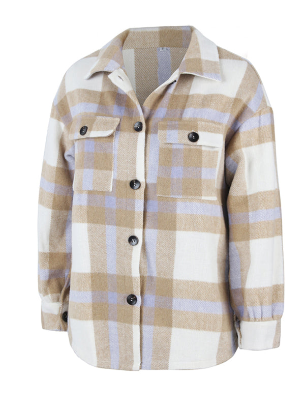 Women's Plaid long sleeve shirt casual coat - Closther