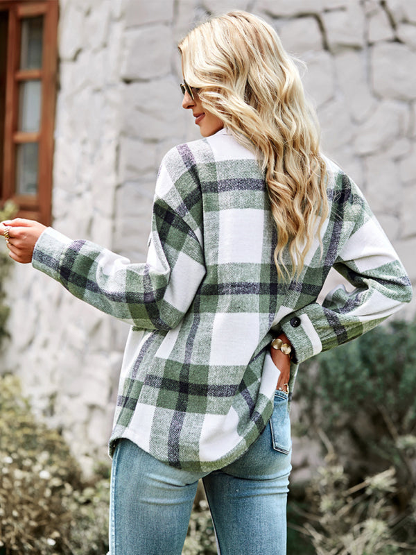 Women's Plaid long sleeve shirt casual coat - Closther