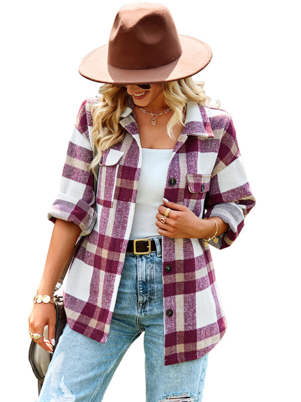 Women's Plaid long sleeve shirt casual coat - Closther