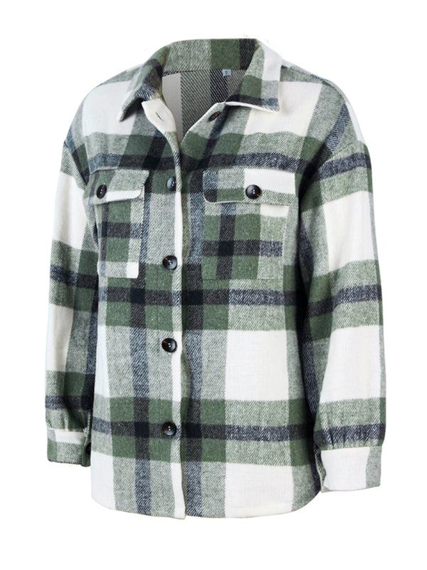 Women's Plaid long sleeve shirt casual coat - Closther