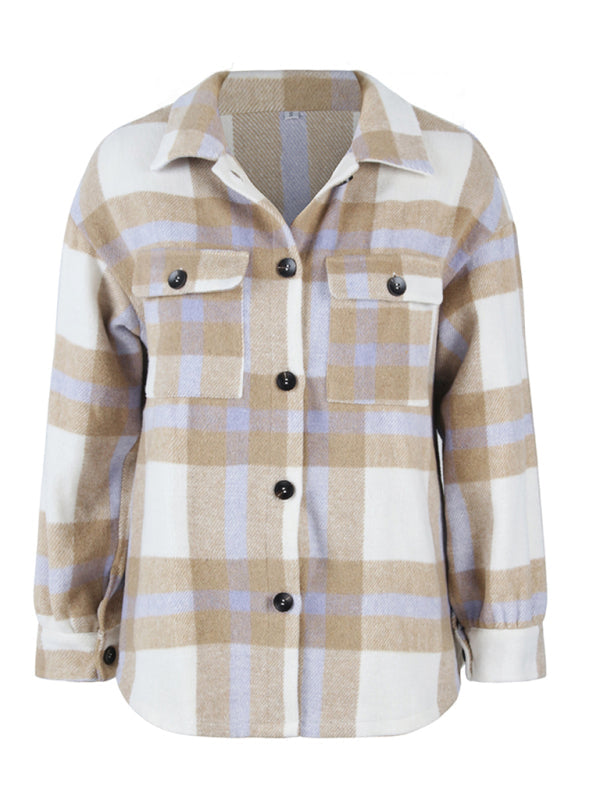 Women's Plaid long sleeve shirt casual coat - Closther
