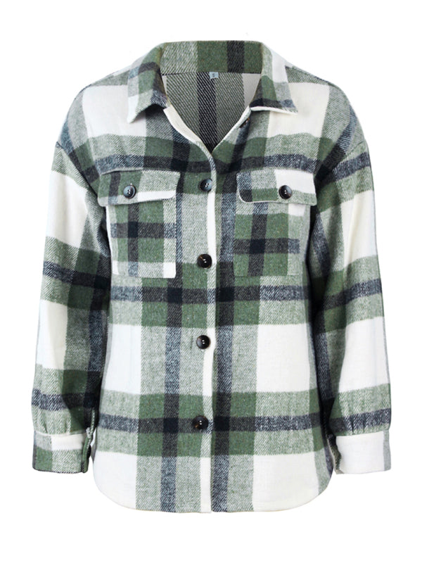 Women's Plaid long sleeve shirt casual coat - Closther