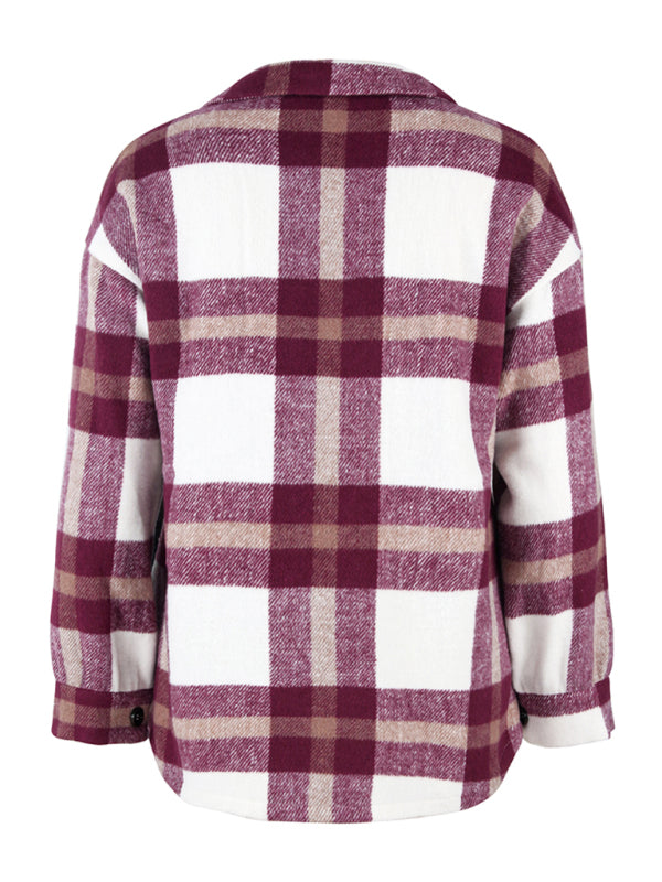 Women's Plaid long sleeve shirt casual coat - Closther