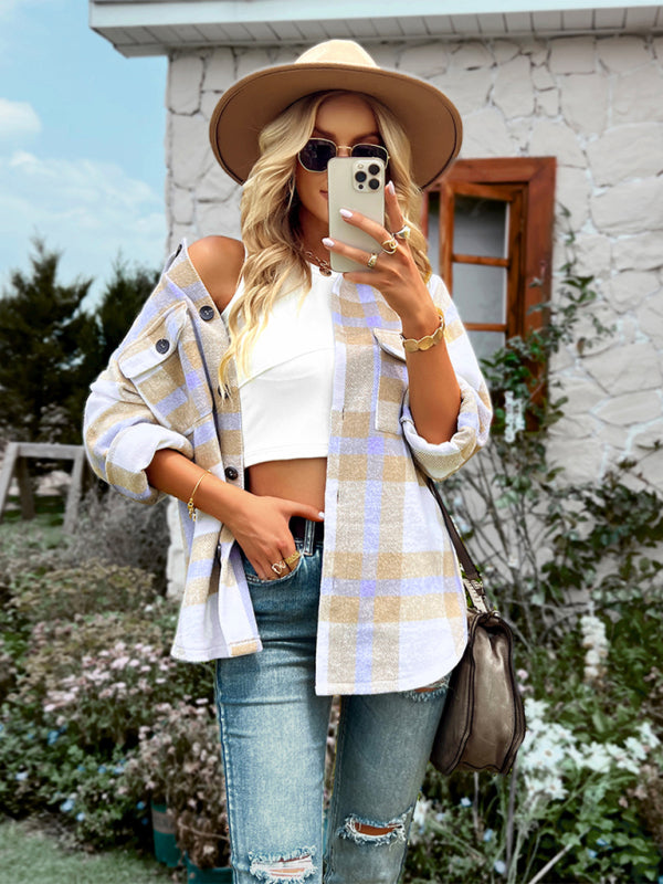 Women's Plaid long sleeve shirt casual coat - Closther