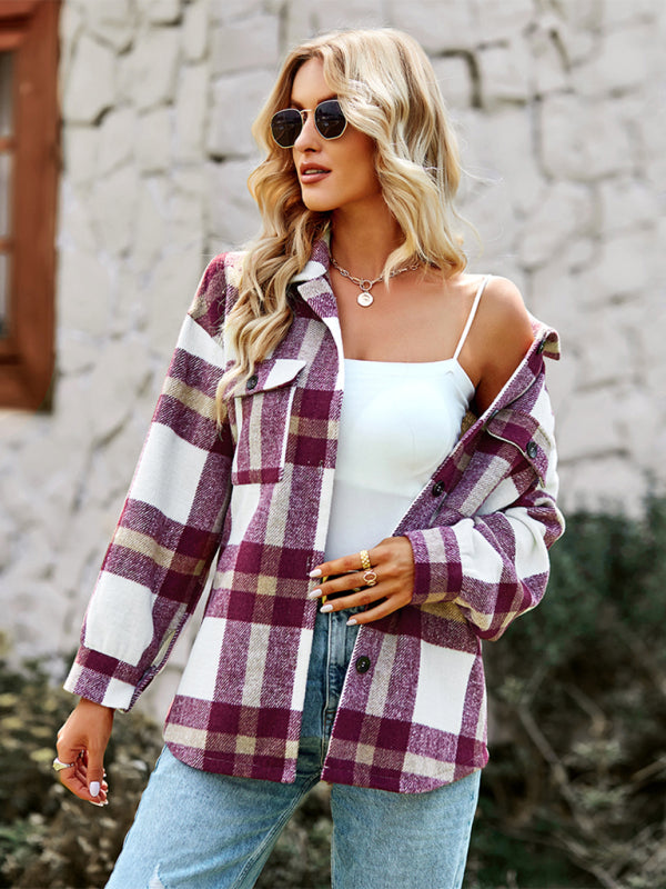 Women's Plaid long sleeve shirt casual coat - Closther