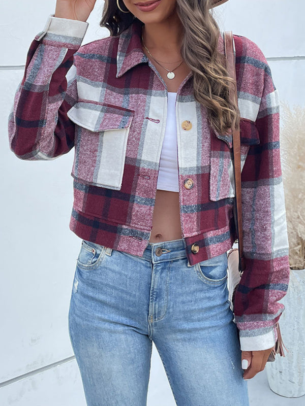 Women’s Plaid Pattern Woven Jacket - Wine Red / S