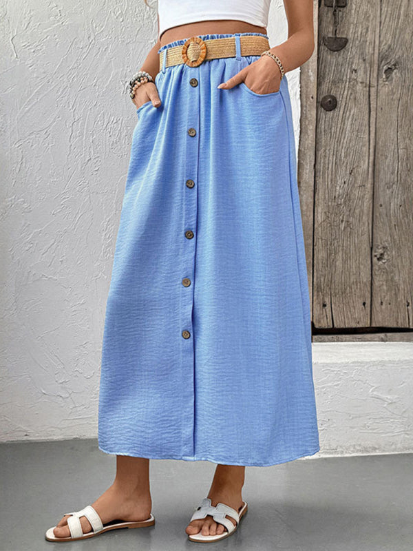 Light blue button-front skirt with pockets and belt, construction ensures stylish comfort