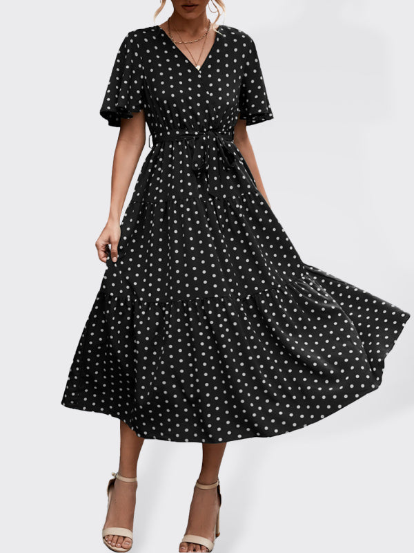 Women’s Polka Dot Print Short Sleeve Midi Dress - Black / S