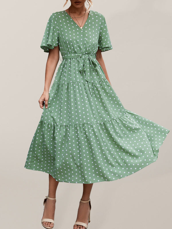 Women’s Polka Dot Print Short Sleeve Midi Dress - Green / S