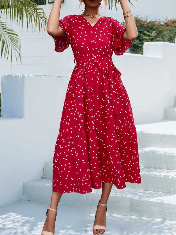 Women’s Polka Dot Print Short Sleeve Midi Dress - Red / S
