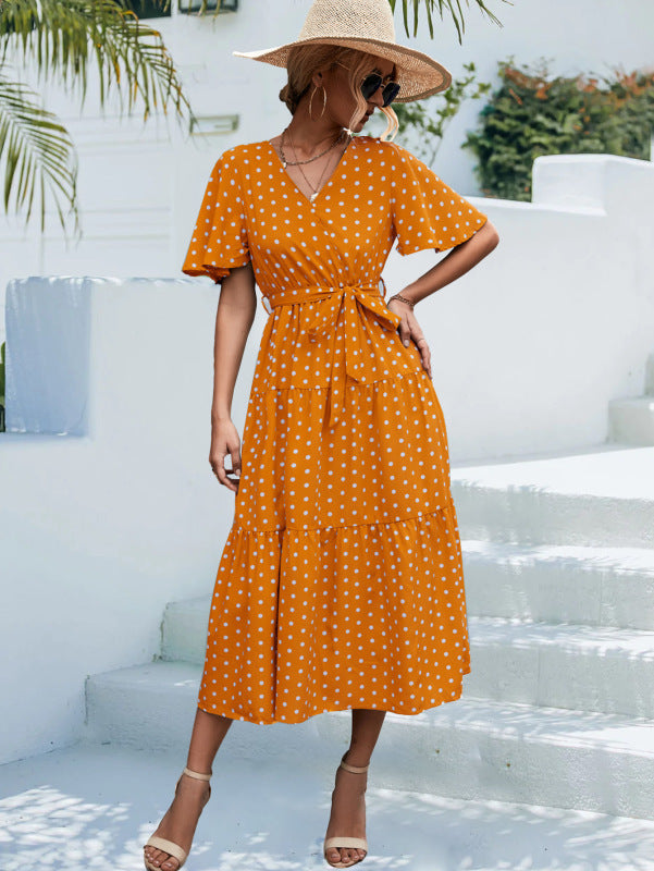 Women’s Polka Dot Print Short Sleeve Midi Dress - Yellow / S