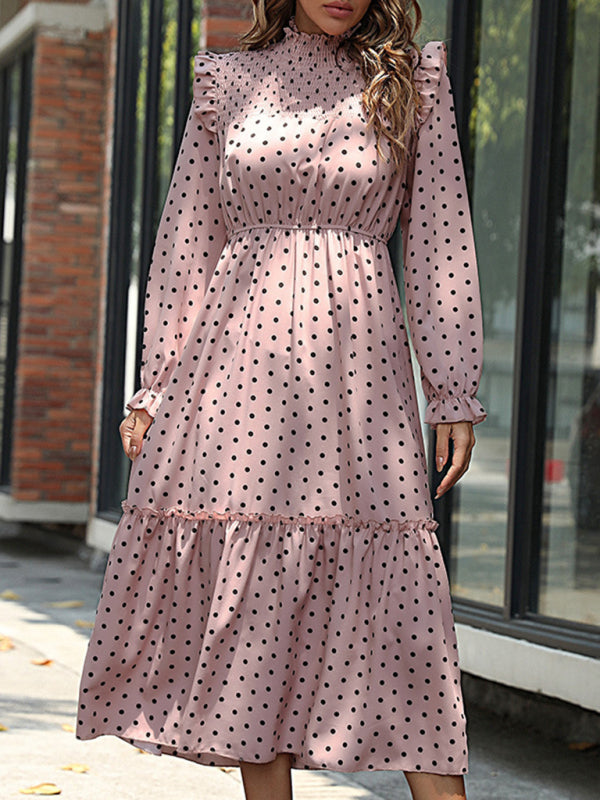 Women’s Polka Dot Ruffled Midi Dress - Pink / S