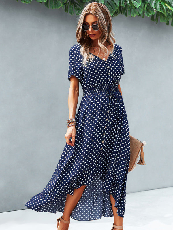Women’s Polka Dot Skirt Front Short Back Long Middle Length Swing Skirt Dress - Champlain color / S