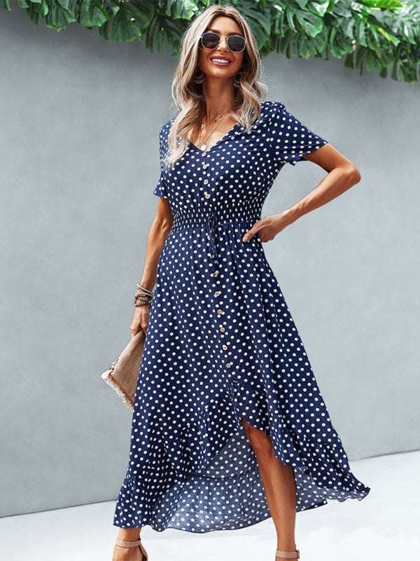 Women’s Polka Dot Skirt Front Short Back Long Middle Length Swing Skirt Dress