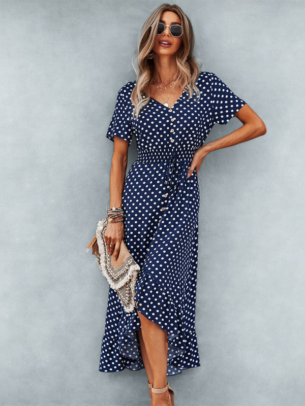 Women’s Polka Dot Skirt Front Short Back Long Middle Length Swing Skirt Dress