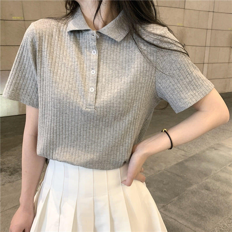 Women’s polo neck short-sleeved knitted T-shirt women - Grey / M