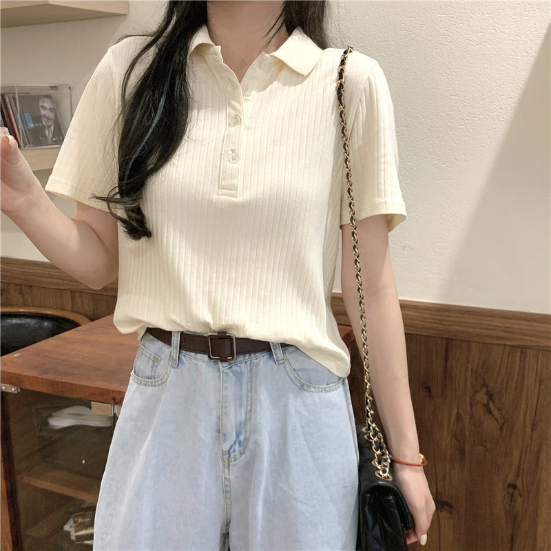 Women’s polo neck short-sleeved knitted T-shirt women - Raw white off white / M