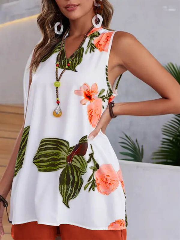 Floral print sleeveless top with comfortable fit from Women’s Printed Casual Vacation Top and Shorts Set