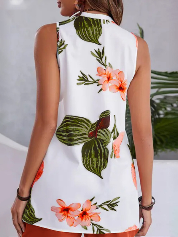 White floral sleeveless blouse with comfortable fit featuring in Women’s Printed Casual Vacation Top and Shorts Set