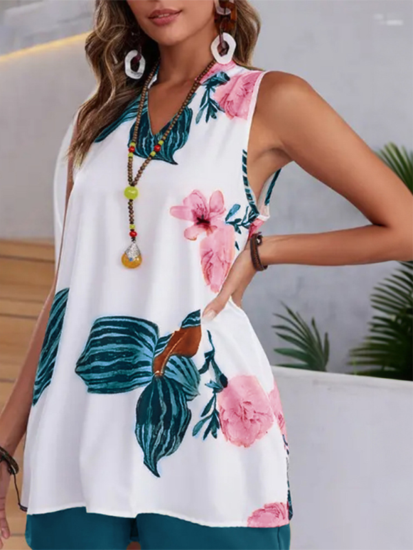 Floral print sleeveless top from Women’s Printed Casual Vacation Top and Shorts Set with comfortable fit