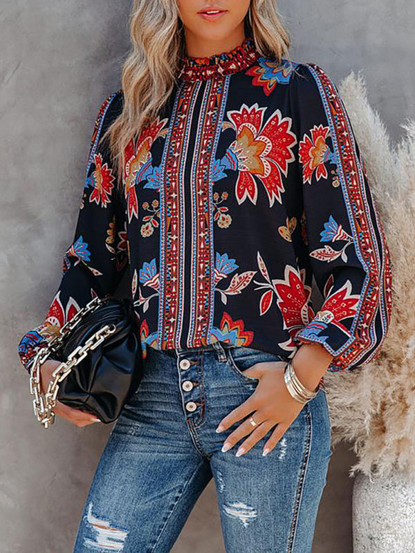 Women’s Printed Lantern Long Sleeve Loose Casual Shirt - Black / S