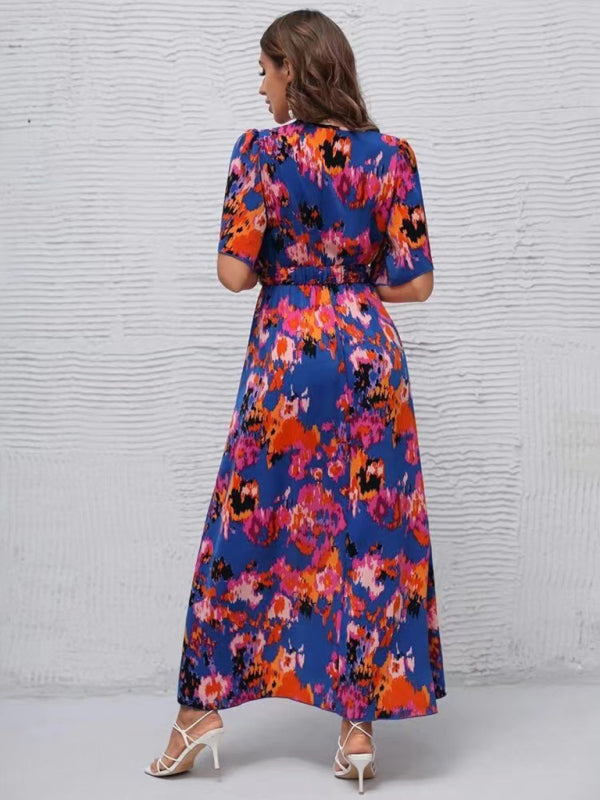 Women’s printed short-sleeved V-neck pullover irregular beach dress