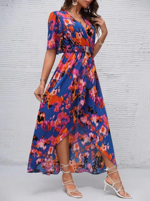 Women’s printed short-sleeved V-neck pullover irregular beach dress