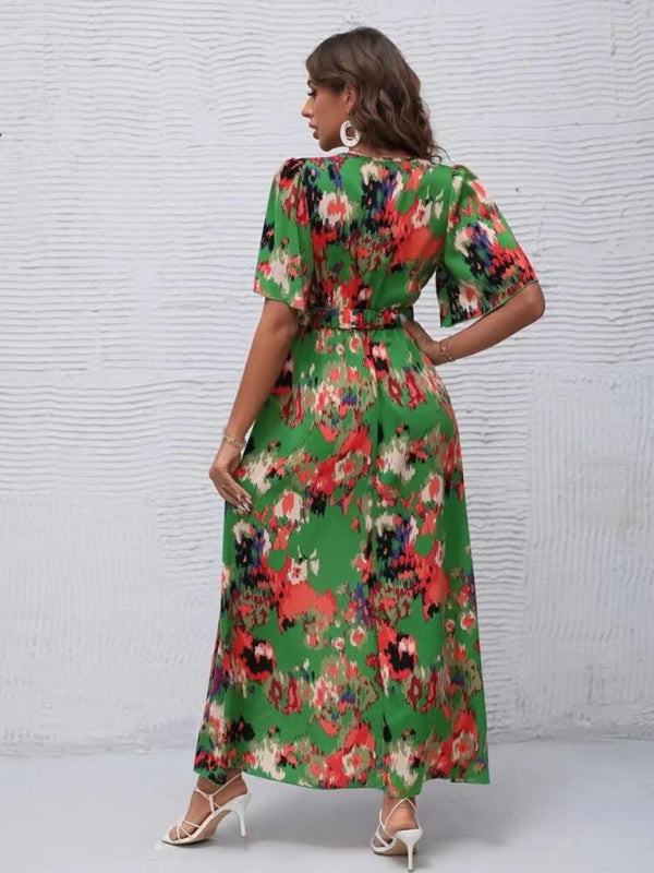 Women’s printed short-sleeved V-neck pullover irregular beach dress