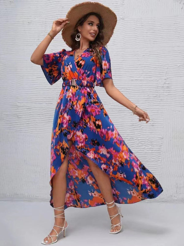 Women’s printed short-sleeved V-neck pullover irregular beach dress