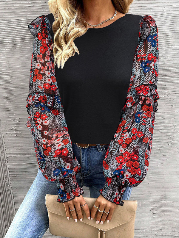 Women’s printed sleeve patchwork crew neck shirt