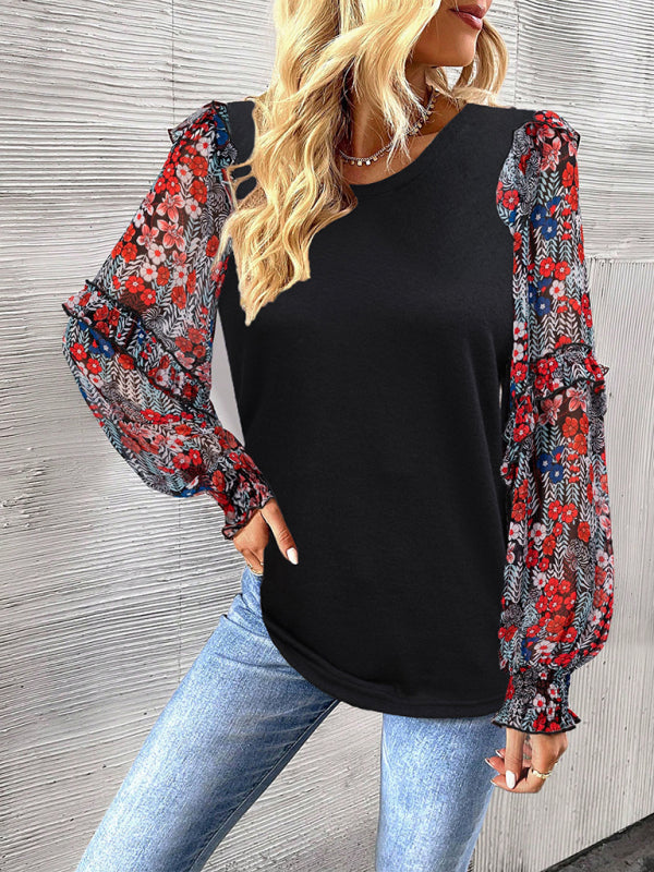 Women’s printed sleeve patchwork crew neck shirt