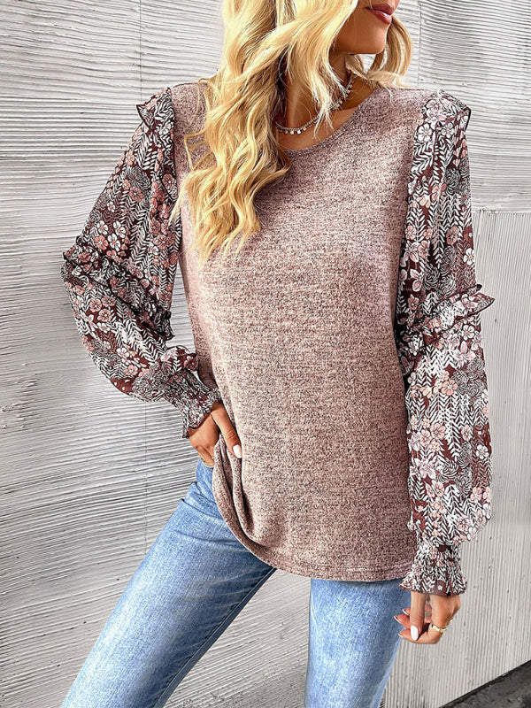 Women’s printed sleeve patchwork crew neck shirt