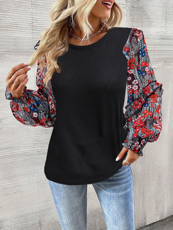 Women’s printed sleeve patchwork crew neck shirt - Red / S