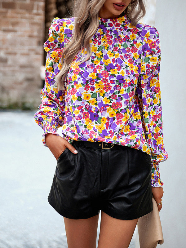 Women’s printed turtleneck puff sleeve top blouse